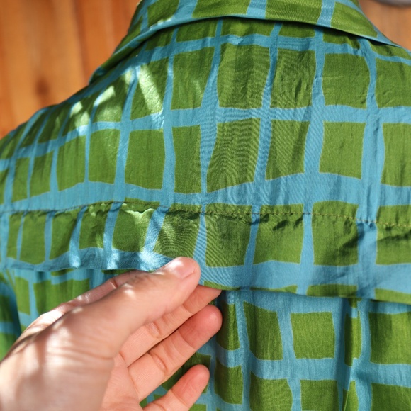 Vintage I. Magnan 100% Silk Green & Blue Geometric Square Shirt Dress - Picture 12 of 17